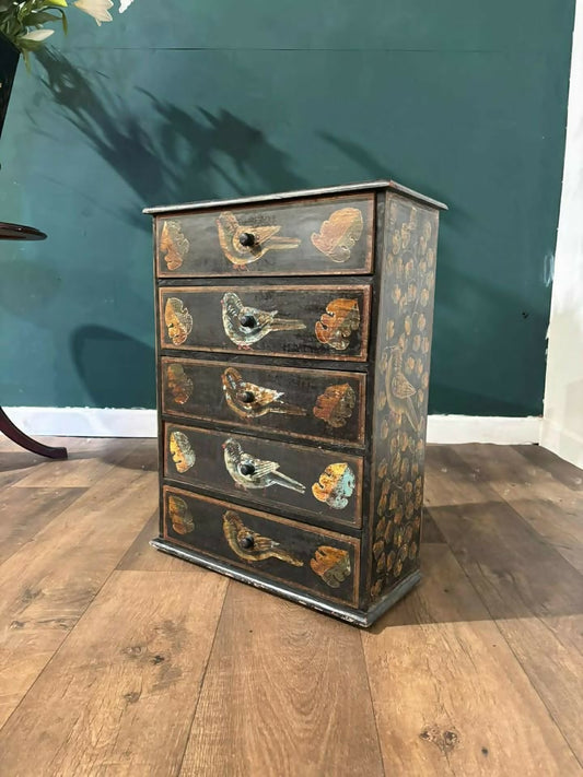 Vintage Oriental Style Five Drawer Chest Decorated with Birdste