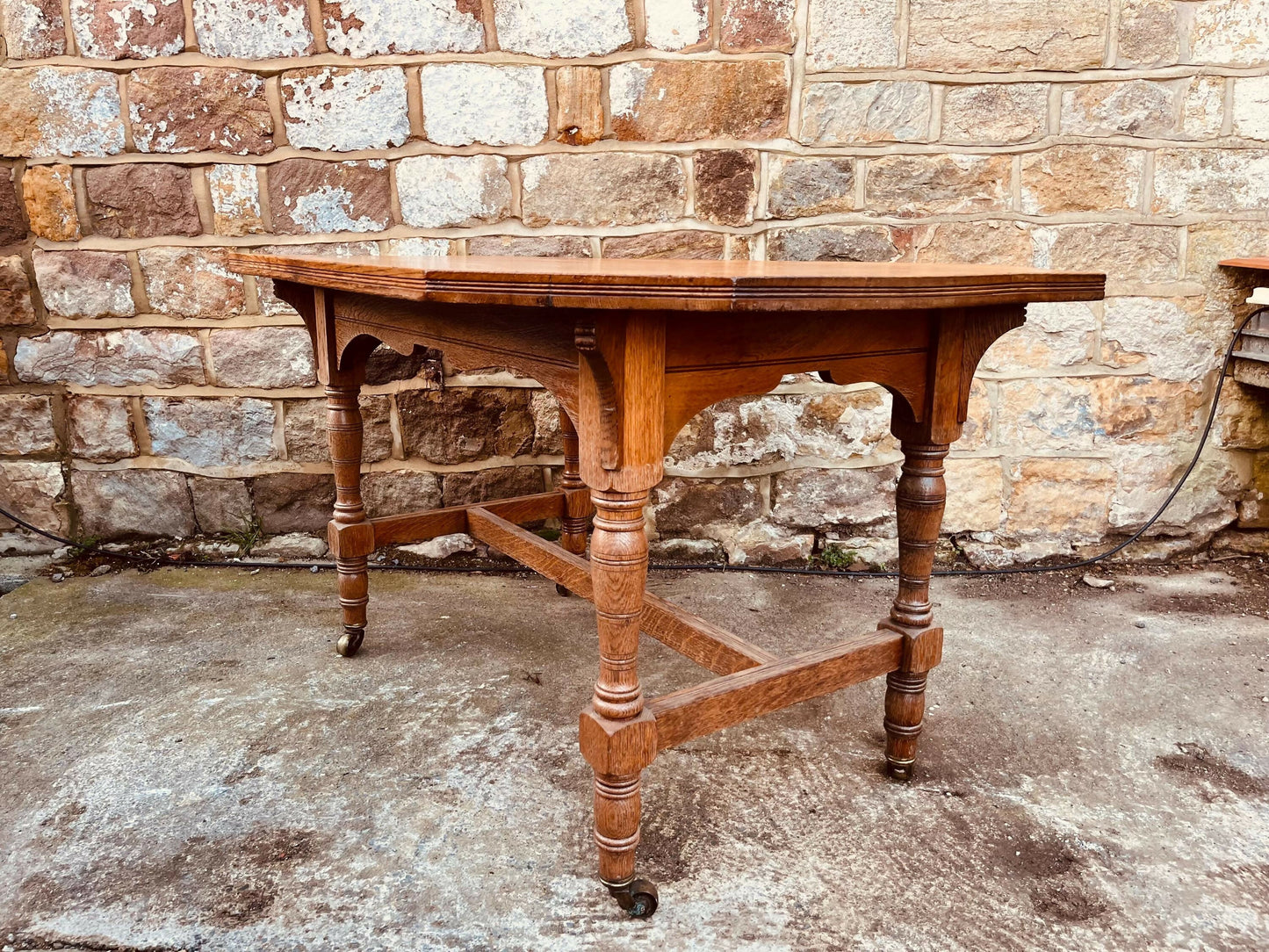 Antique Oak Occasional Table • Edwardian Tiger Oak Side Table on Castors • Octagonal Statement Table • Vintage Turned Leg Oak Table