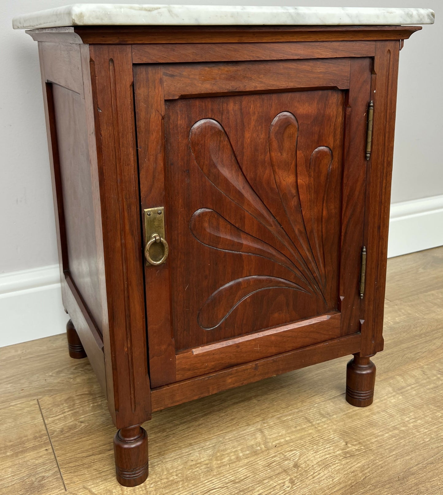 Bedside Table Antique French Style Marble Top Walnut Cabinet Nightstand LOT 6237