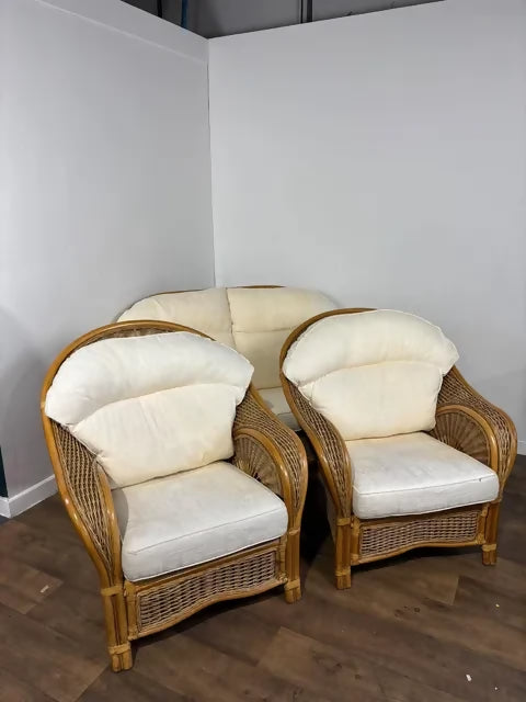 Vintage Three Piece Cane Conservatory Suite – Two Seater Settee & Armchairs