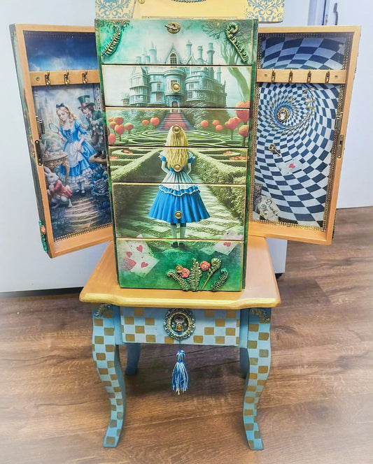 Hand painted and Decoupaged Alice in Wonderland Jewellery Armoire, whimsical vintage jewellery cabinet