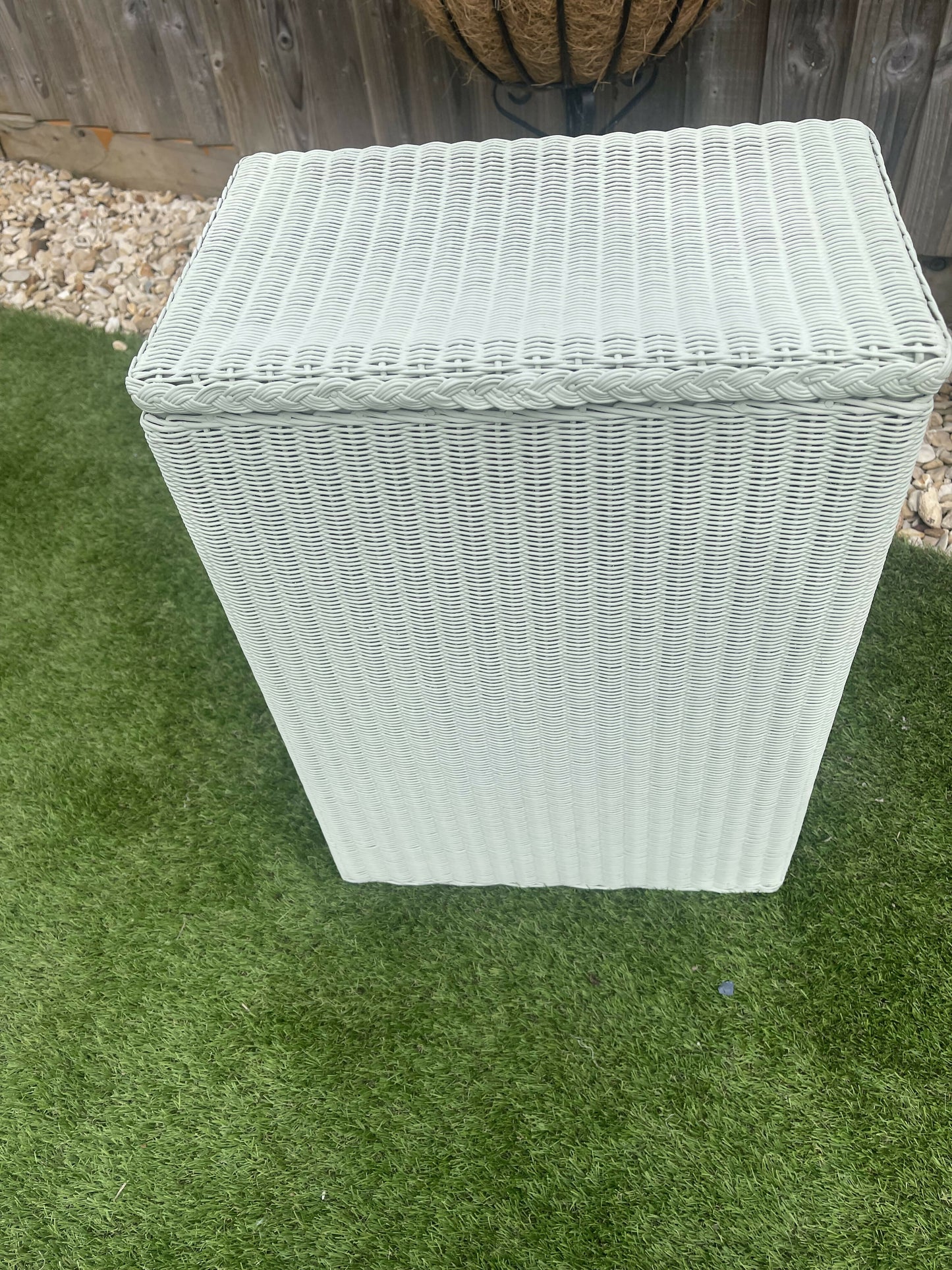 Lloyd loom 1951 laundry basket- recently refreshed in light green chalk paint