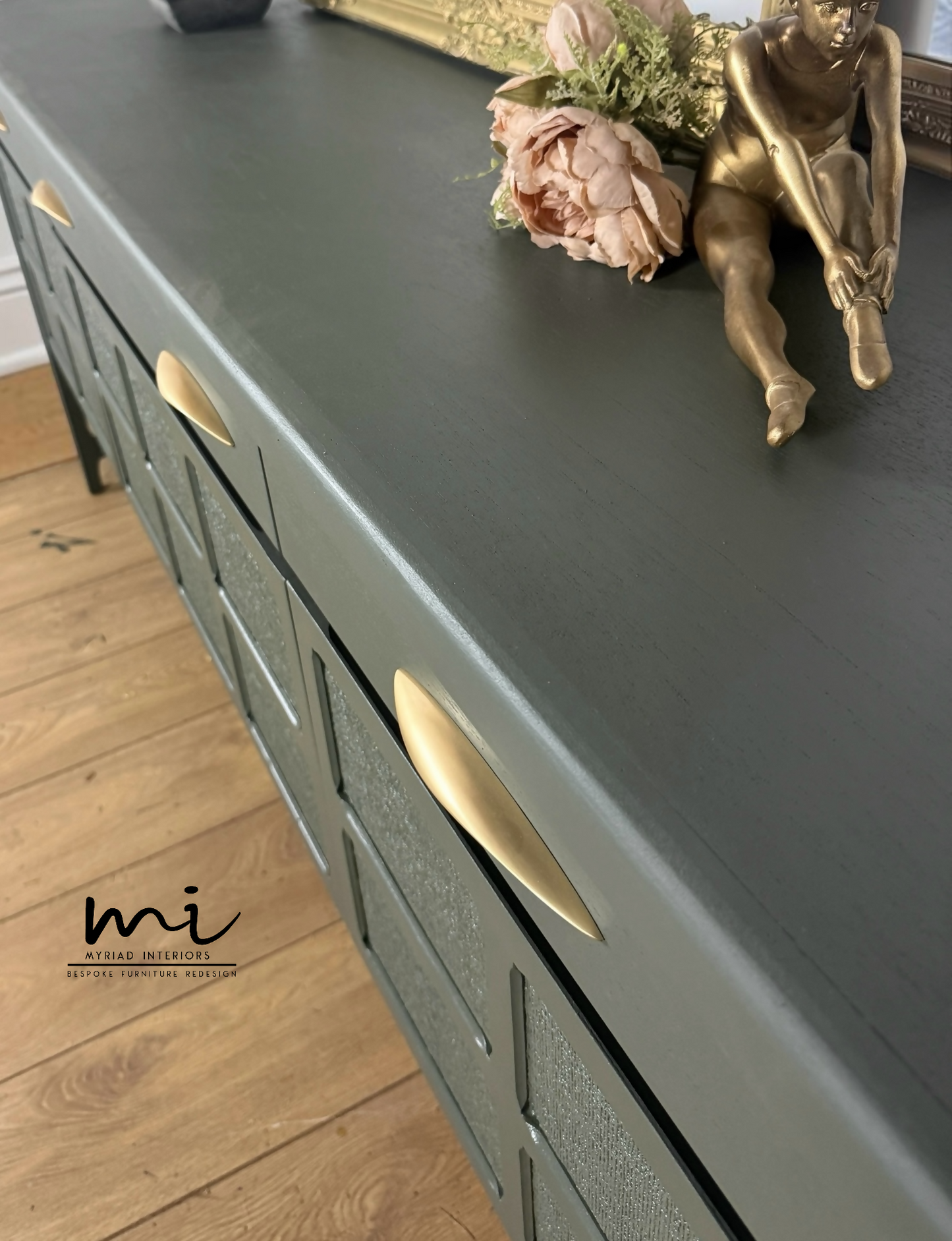 Refinished Mid Century Deep Olive Green Large Nathan Sideboard with drinks cabinet