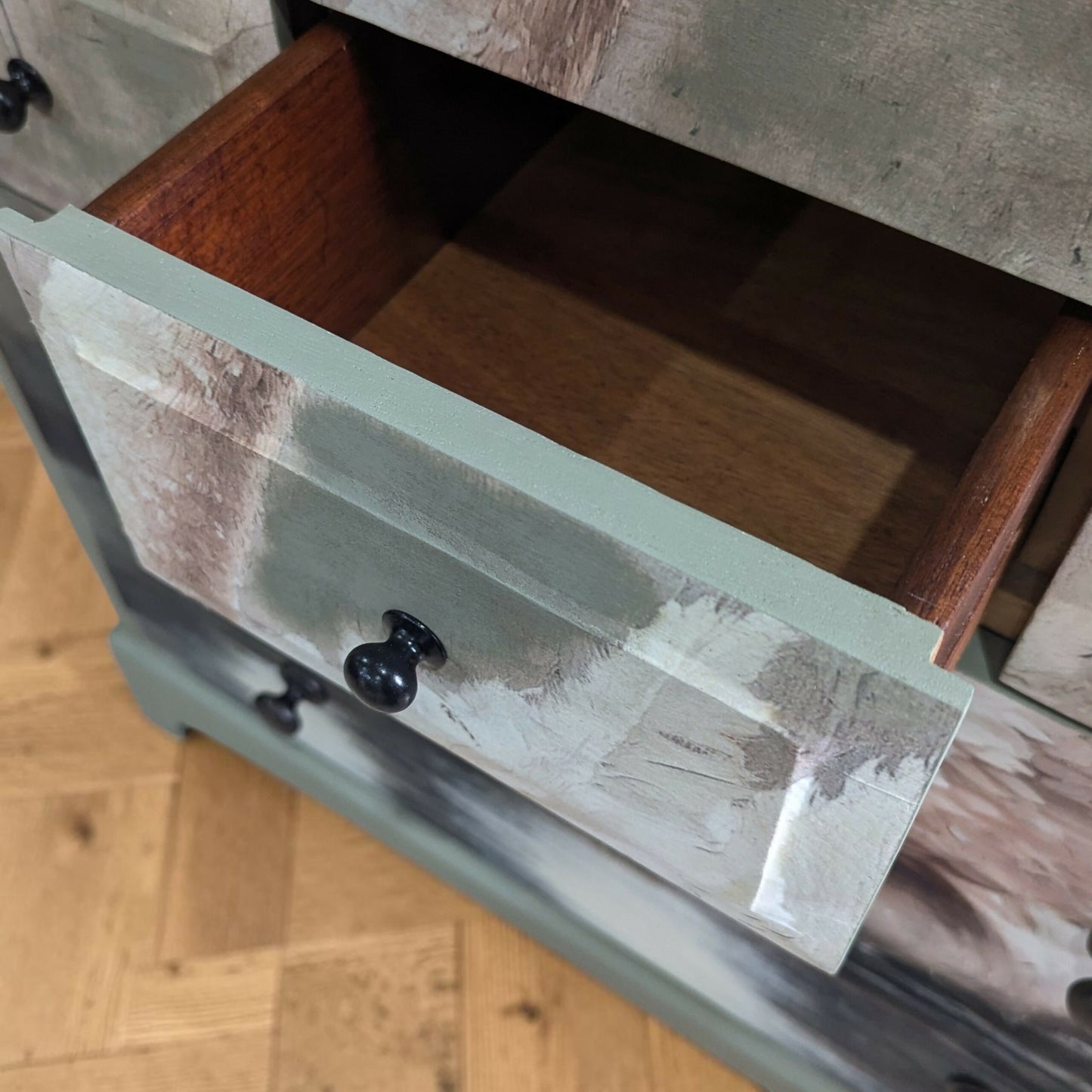 Vintage Stag sage green chest of drawers decoupage tallboy