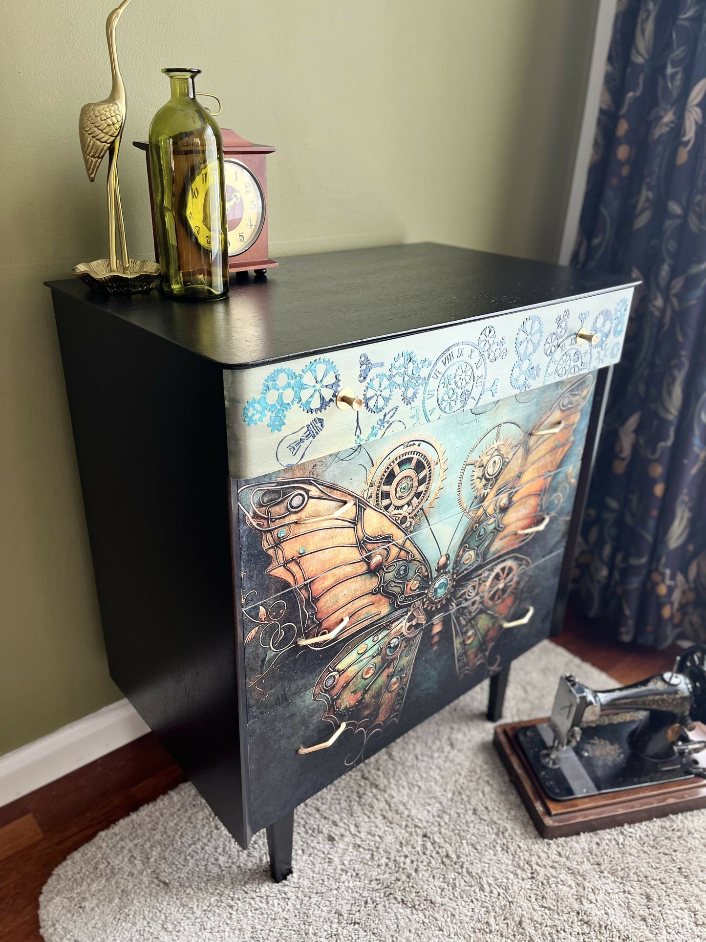 Steampunk butterfly design black MCM chest of drawers