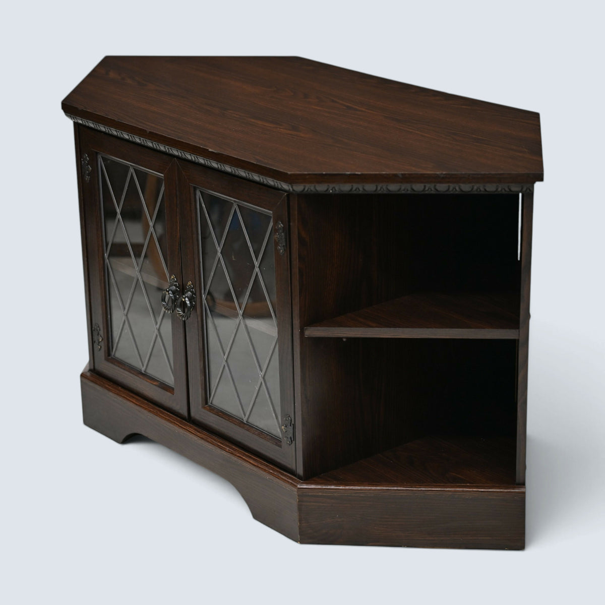 Corner TV Video Stand Leaded Glass Doors Media Player Shelf FREE* UK Delivery