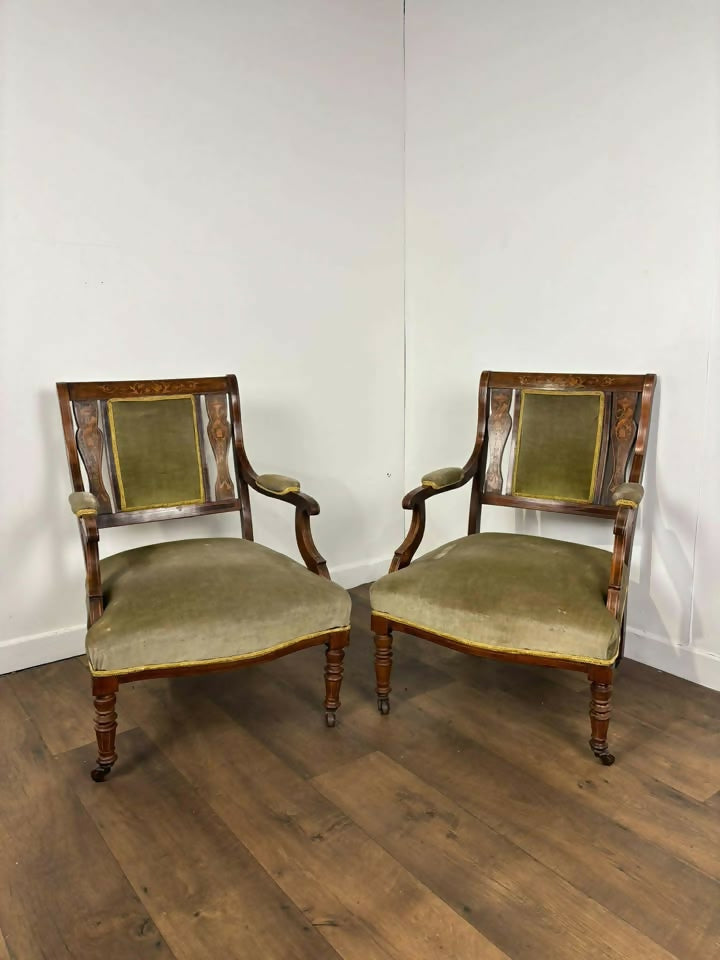 Pair Of Victorian Rosewood Inlaid Armchairs with Green Velvet Upholstery