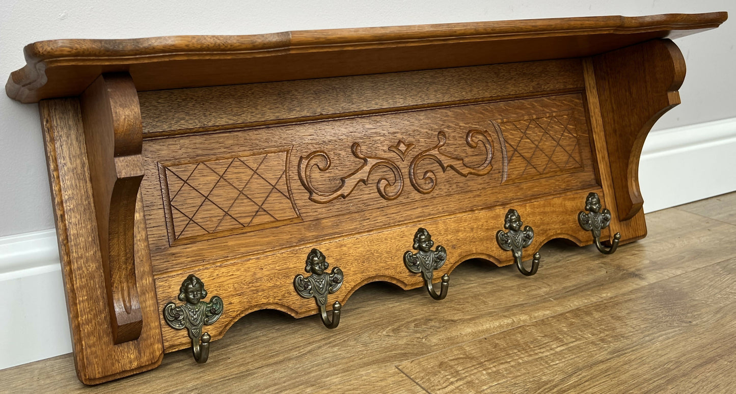 Coat Rack Vintage French Carved Oak Wall Mounted 5 Hooks Rack Hanger LOT 6210