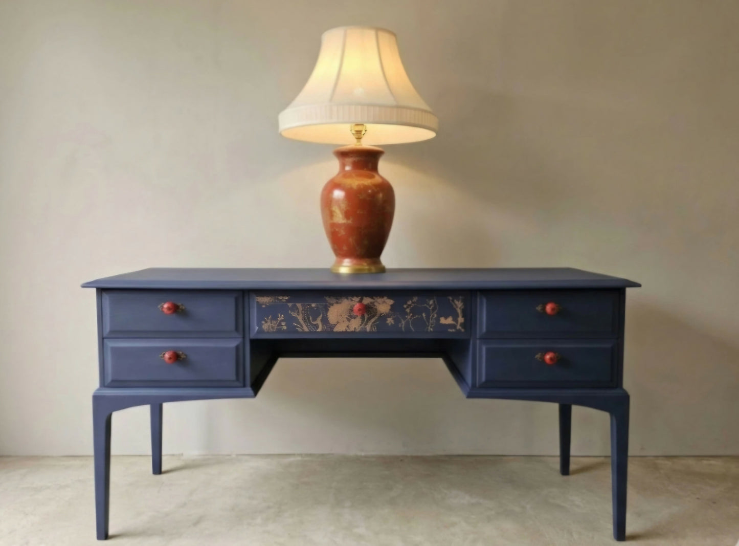 Luxe Navy Blue Hand Painted Stag Minstrel Classic Vintage Dressing Table Desk