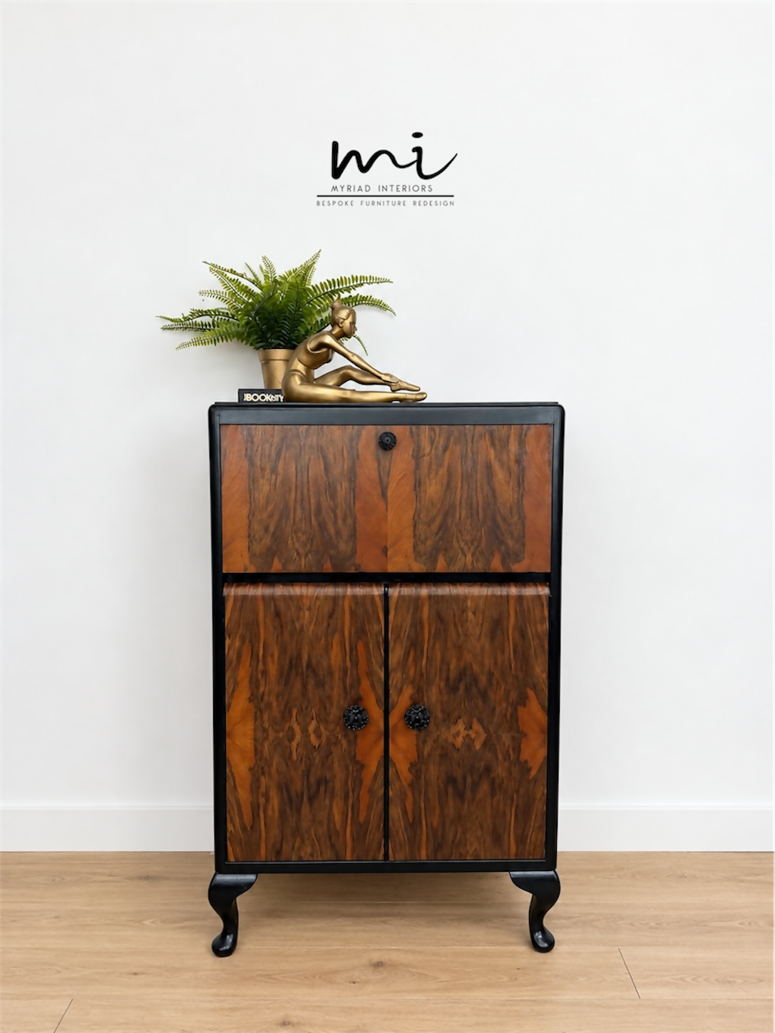 Refurbished Petit Art Deco Burl Walnut Cocktail Cabinet, black and gold drinks cabinet