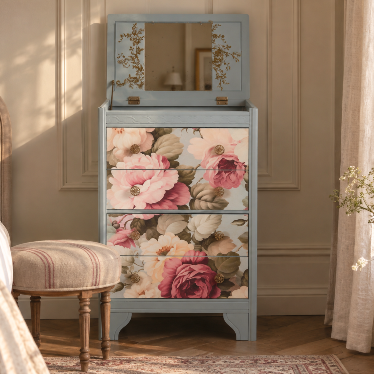 Vintage Lebus Dressing Chest, Chest of Drawers, Lift-Up Mirror, Floral Upcycled Furniture