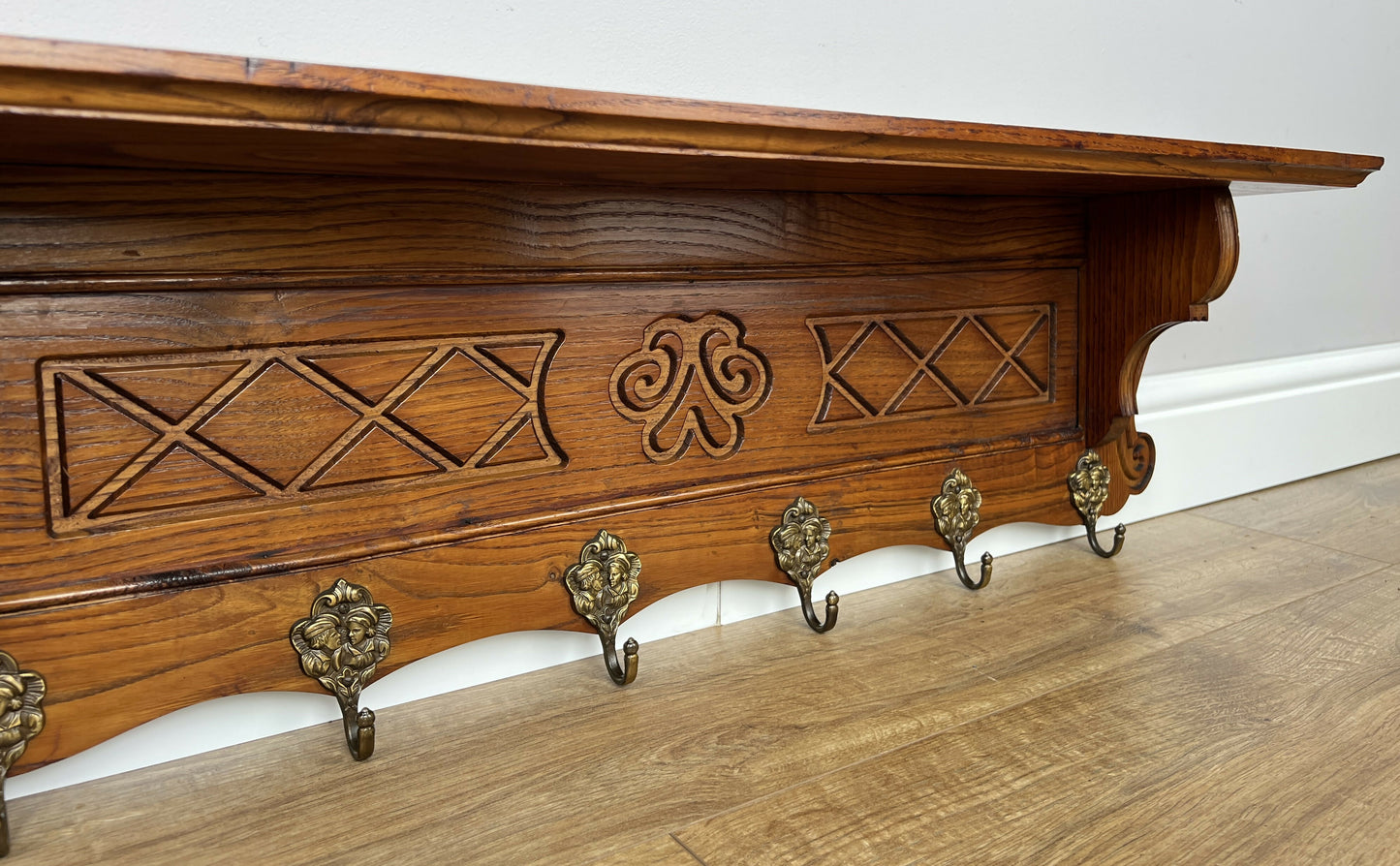 Coat Rack Vintage French Oak Wall Mounted 6 Hooks Carved Rack Hanger LOT 6208