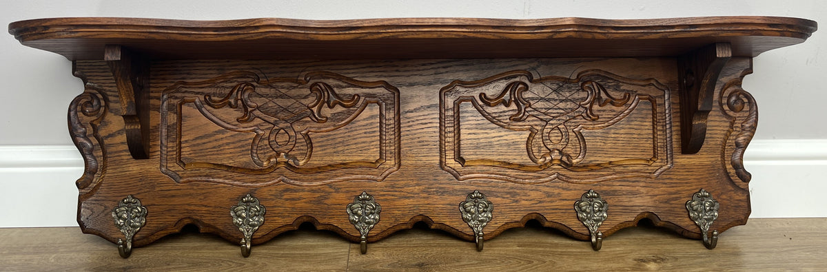 Coat Rack Vintage French Oak 6 Hooks Wall Shelf Carved Coat Hanger LOT 6550