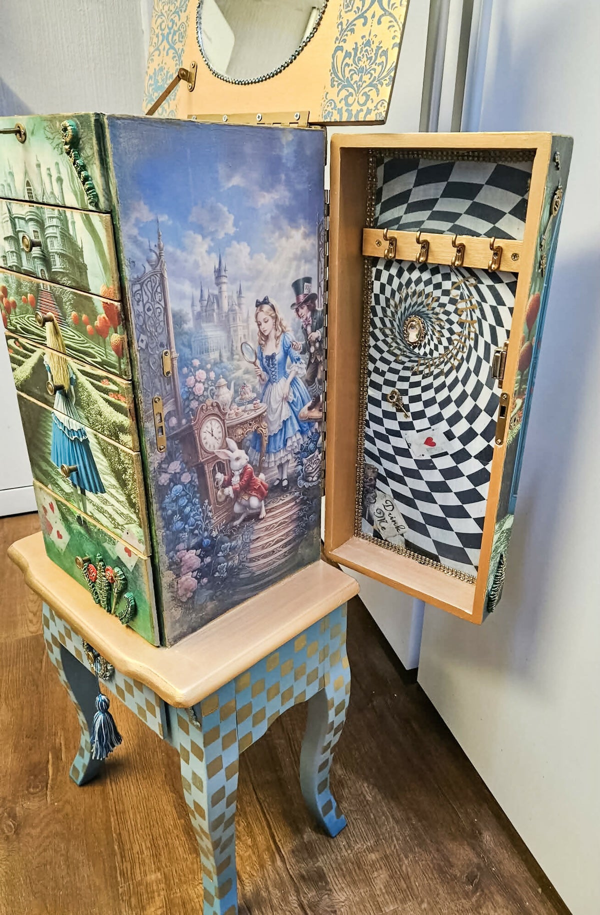 Hand painted and Decoupaged Alice in Wonderland Jewellery Armoire, whimsical vintage jewellery cabinet