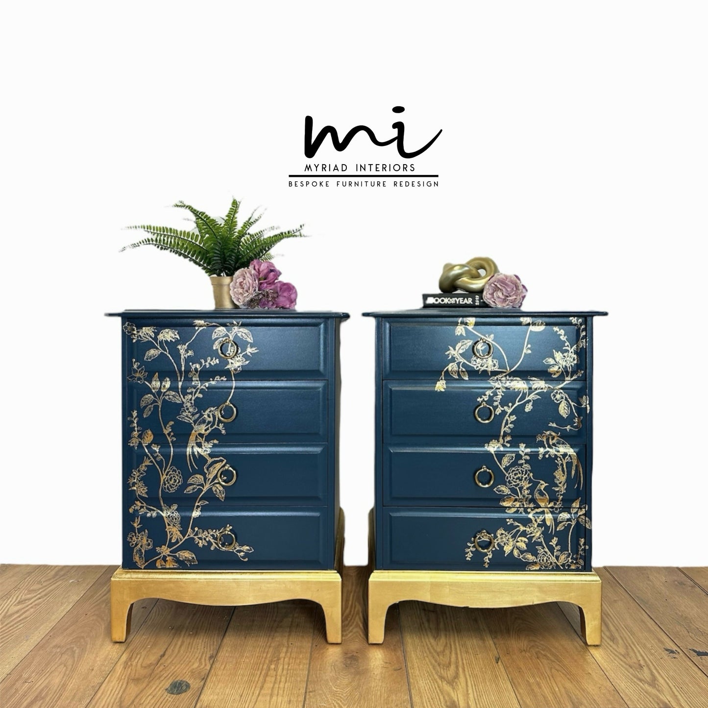 Pretty Refurbished Stag Minstrel 4 drawer bedside tables, navy blue with gold foil design, bird song, nightstands, vintage, blossom art deco