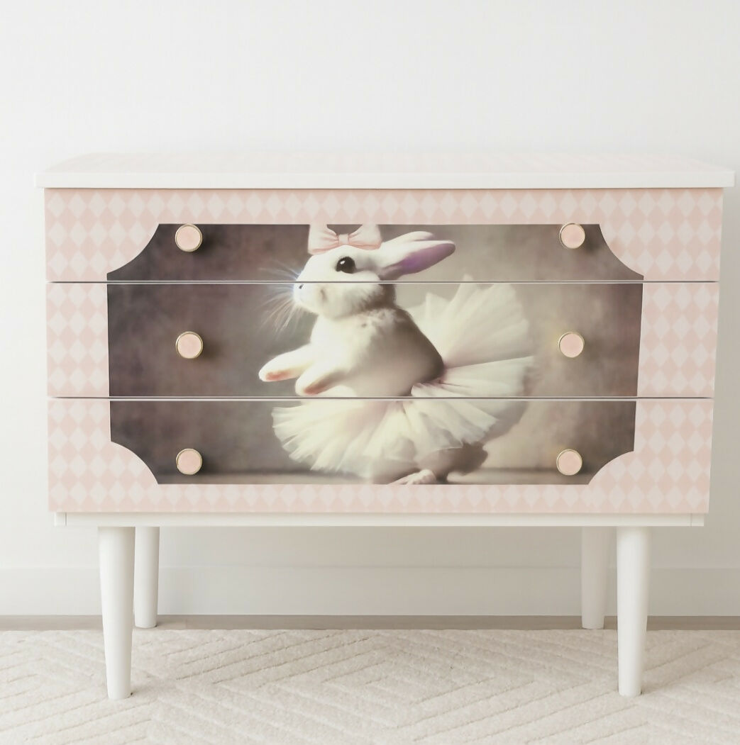 Pink Nursery Chest of Drawers – Bunny Ballerina Dresser, Upcycled MCM Kids Storage, Whimsical Baby Girl Bedroom Furniture