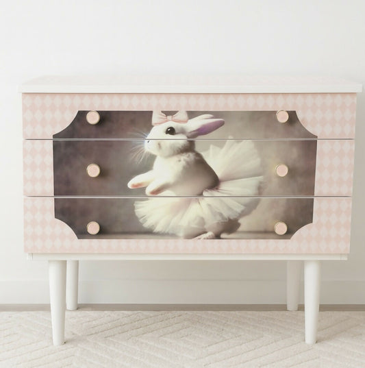 Pink Nursery Chest of Drawers – Bunny Ballerina Dresser, Upcycled MCM Kids Storage, Whimsical Baby Girl Bedroom Furniture