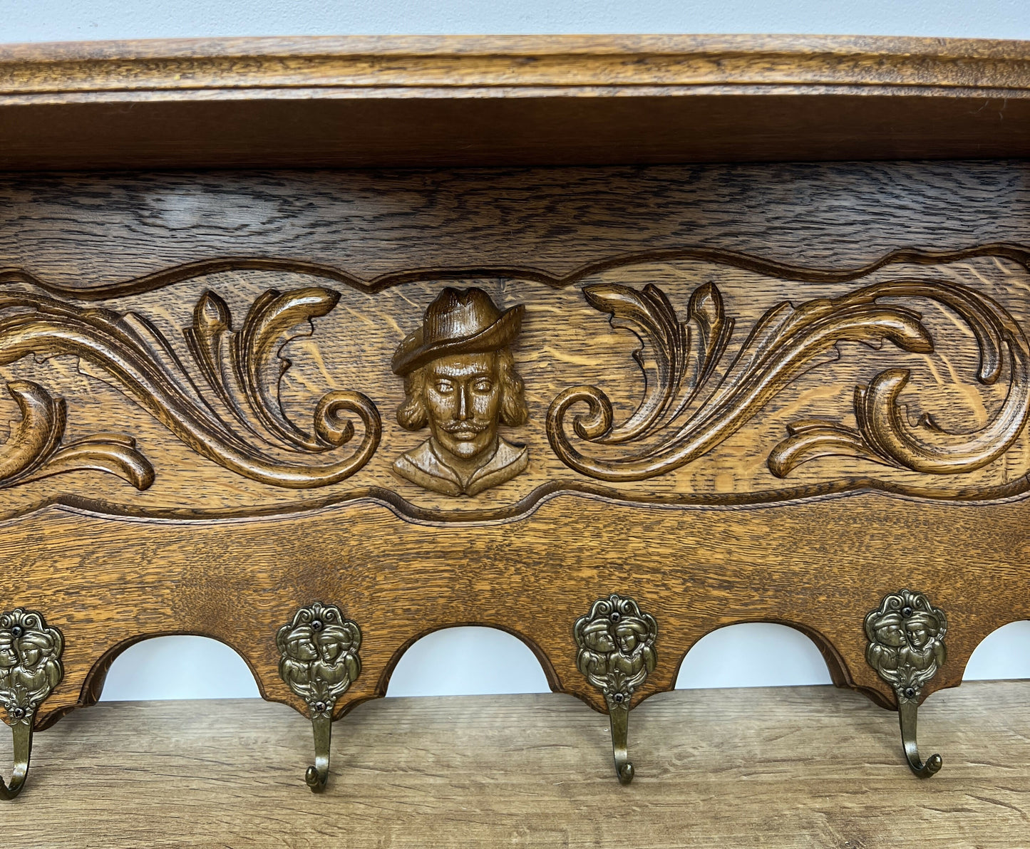 Coat Rack Vintage French Oak Wall Mounted 6 Hooks Carved Rack Hanger LOT 6202