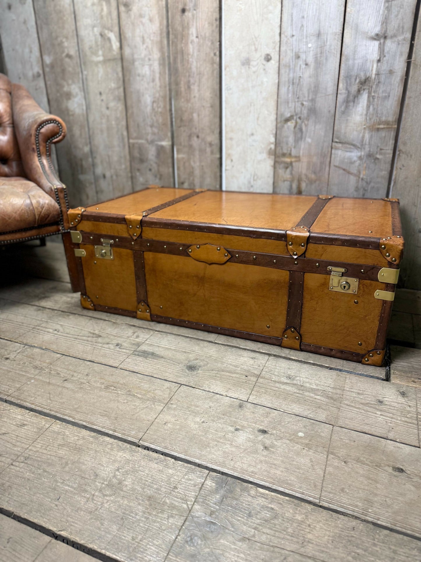 XL Tan Leather English Coffee Table Trunk