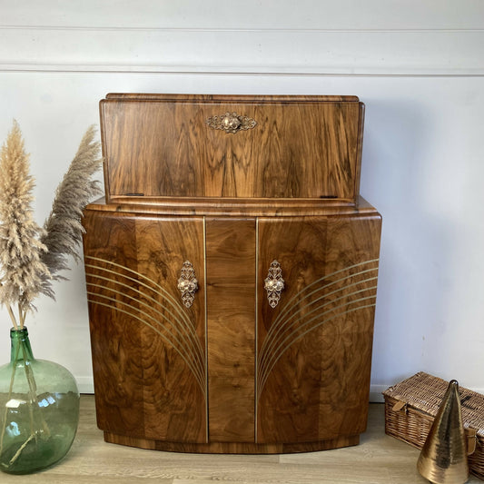 Art Deco Walnut Cocktail Cabinet with Gold Design