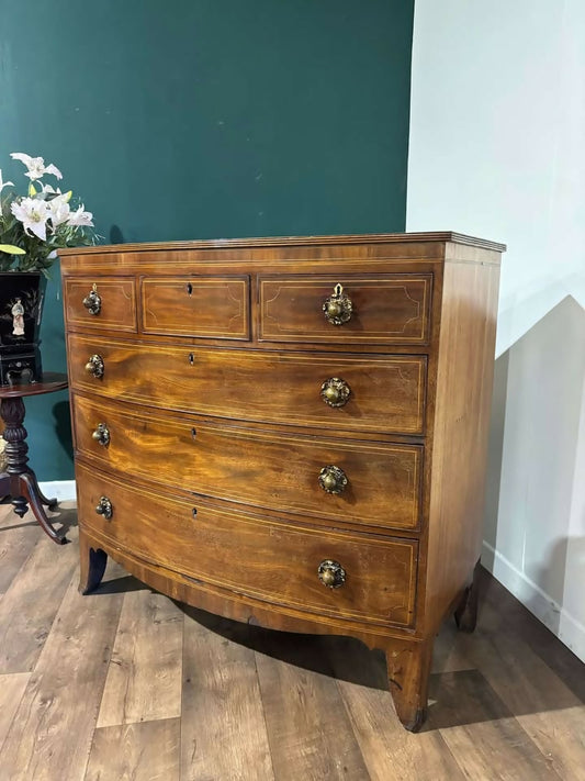 19th Century String Inlaid Bow Fronted Mahogany Chest Of Drawersnn