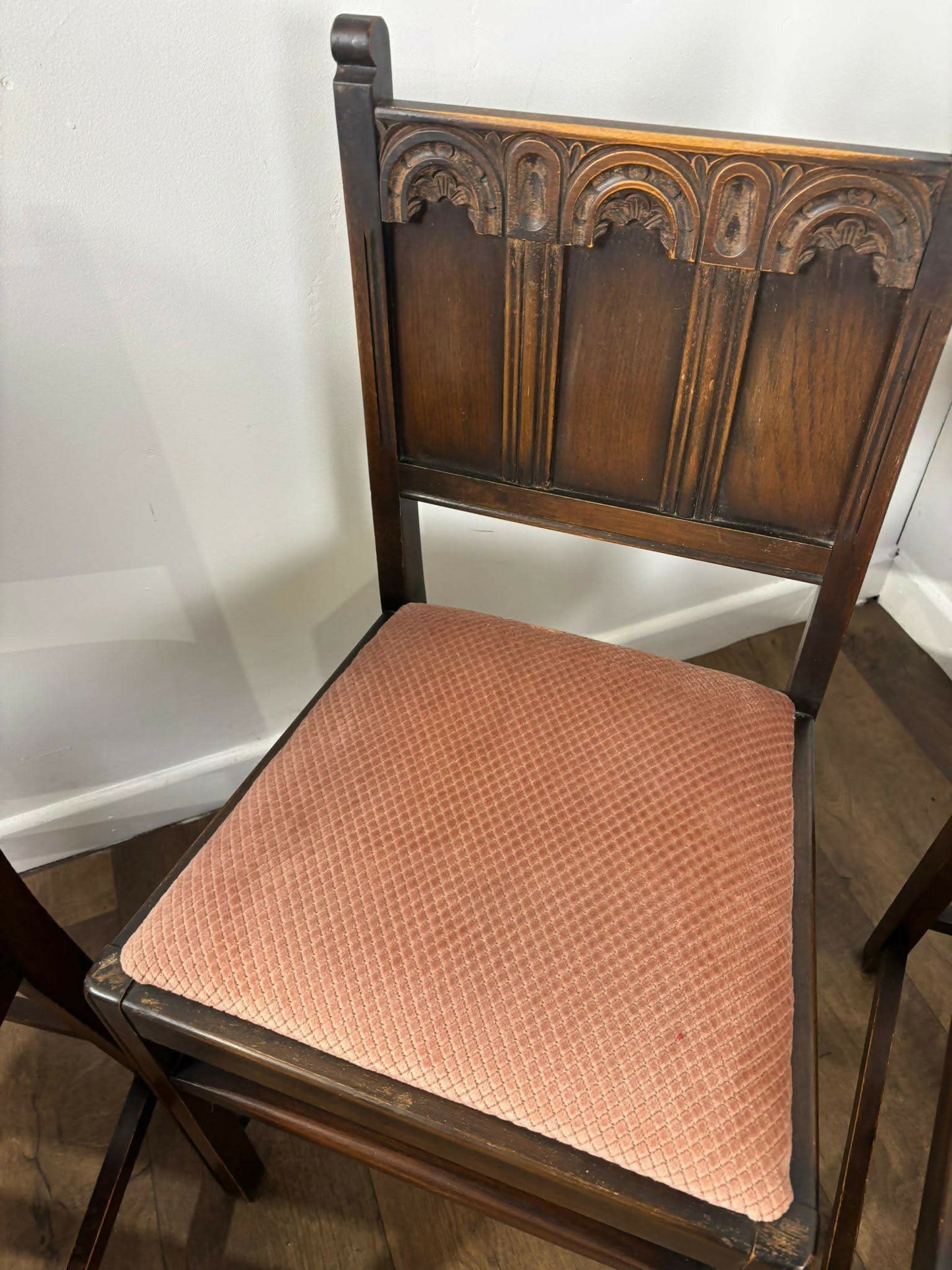 Vintage Set Of Four Oak Priory Style Dining Chairs