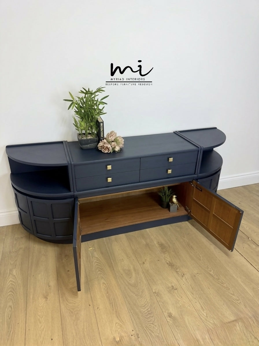 Mid Century Nathan teak modular sideboard set in navy blue, tv stand, media unit, retro corner cupboard, console, cocktail cabinet drinks