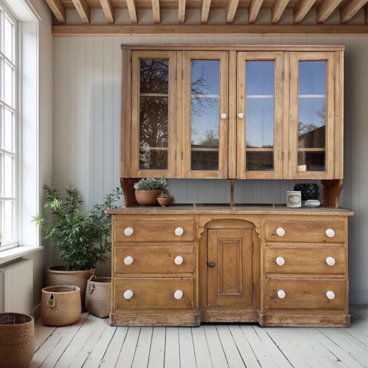 Large Antique Victorian Pine Glazed Dresser Housekeepers Cupboard