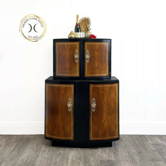 Sureline Bow Front Walnut and black Cocktail Cabinet