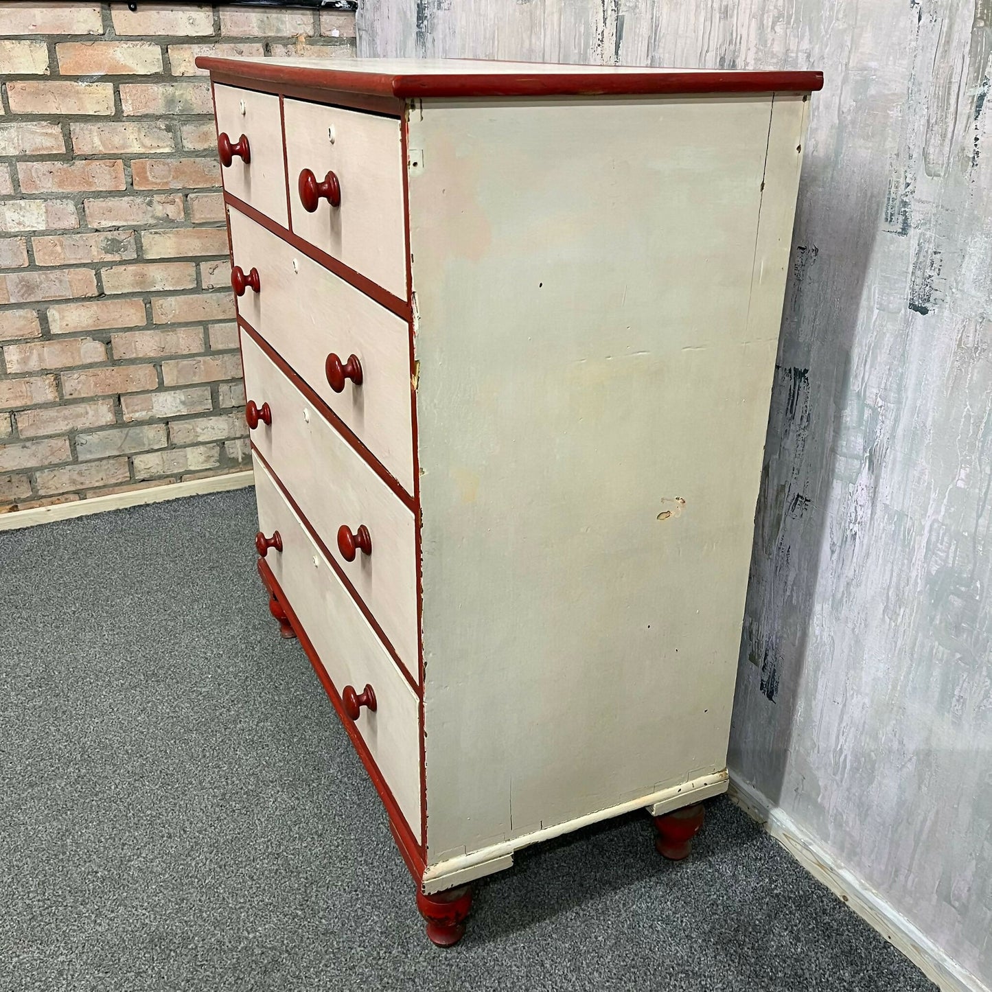 Large Victorian Chest 2 Over 3 Drawers Painted Salmon & Red Ornate Ball Feet