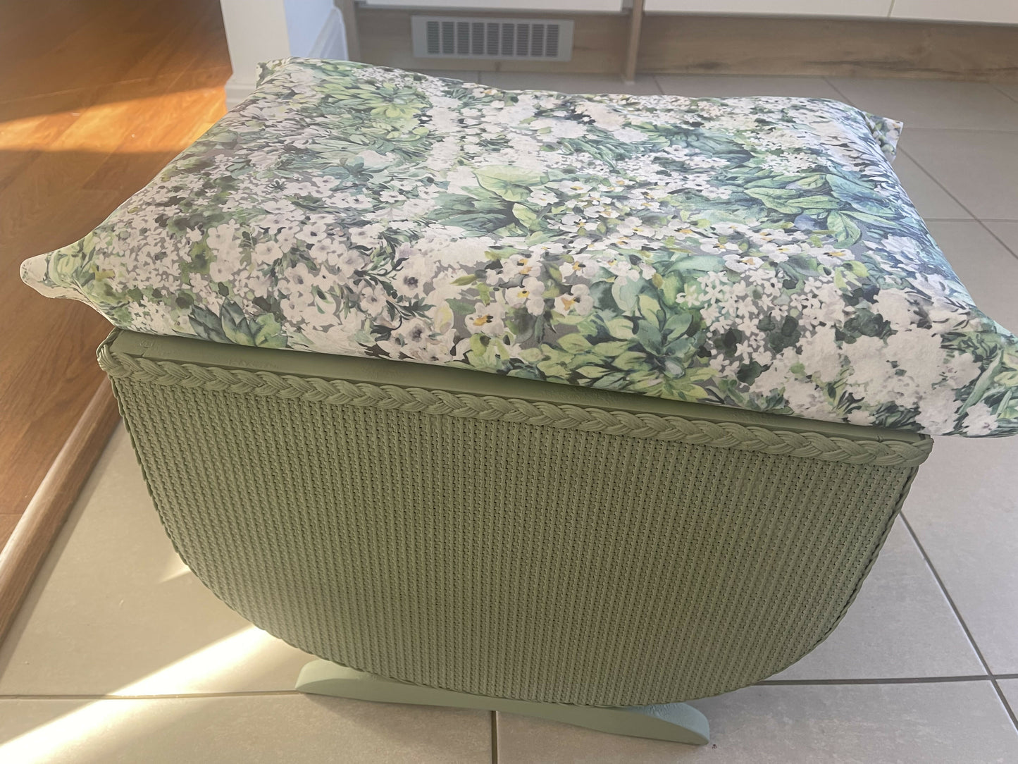 Small mid century Ottoman storage and seat. Sage green paint makes you choose the material.