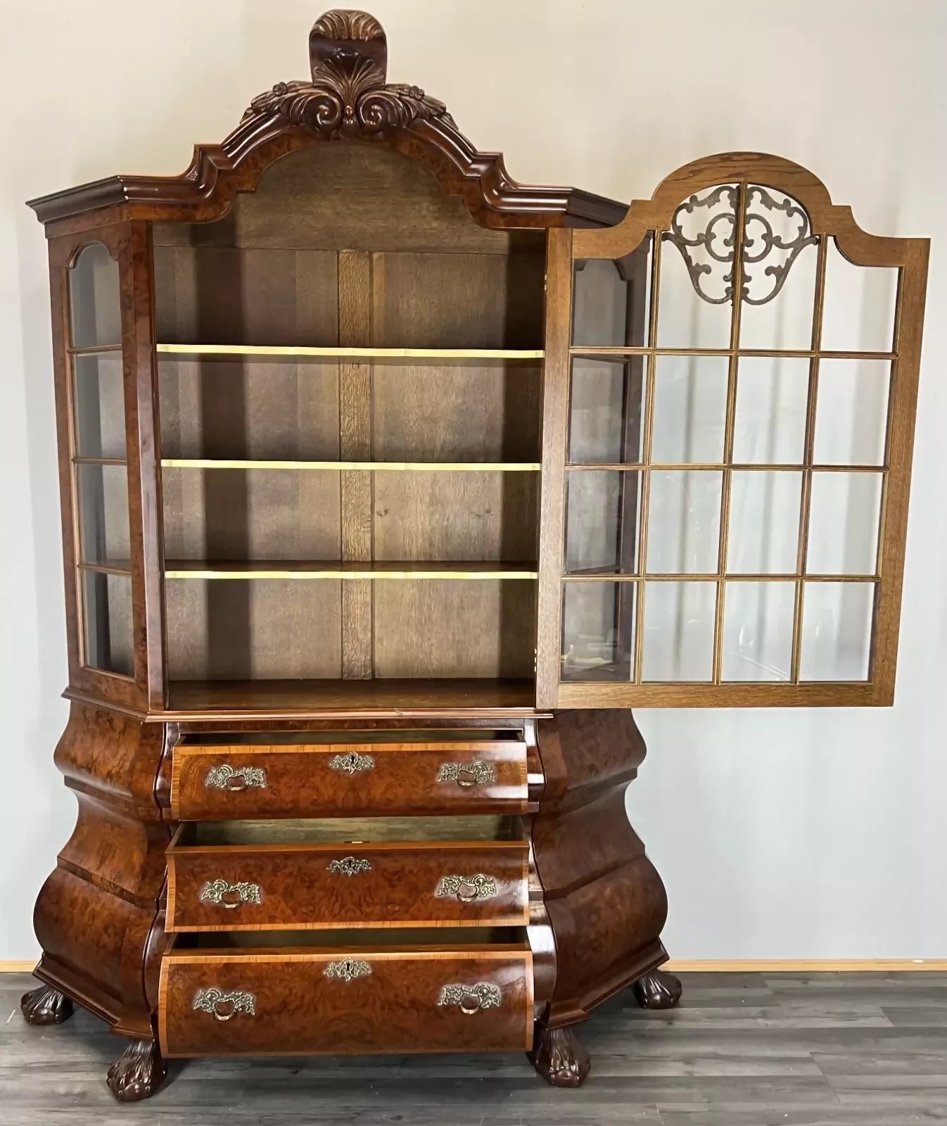 Bookcase Vintage French Carved Glass Doors Sideboard Drawers Cabinet LOT 4490