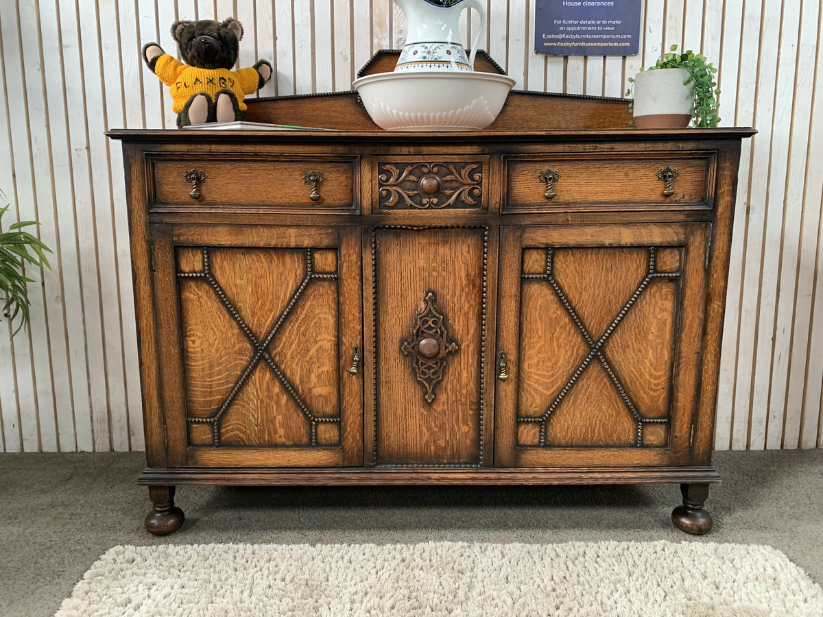 Antique 1920s Jacobean Revival Carved Oak Sideboard Geometric Buffet Cabinet