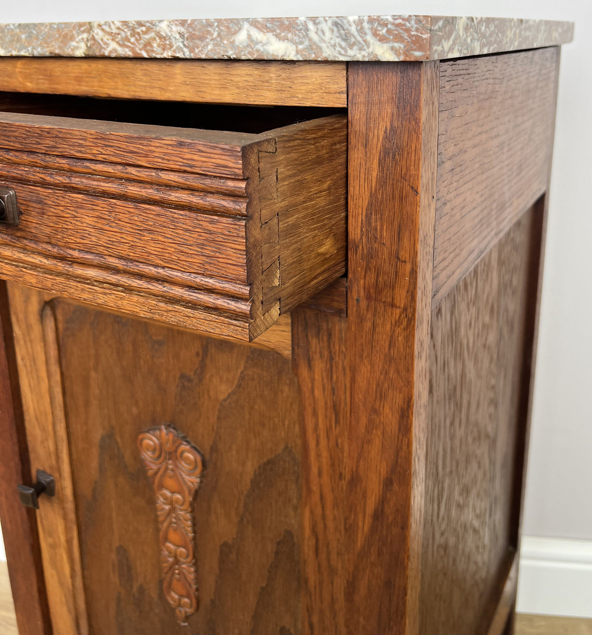 Bedside Table Antique French Style Oak Carved Marble Top Cabinet LOT 6602