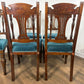 Set of Six Edwardian Carved Oak Dining Chairs –with Teal Upholstery
