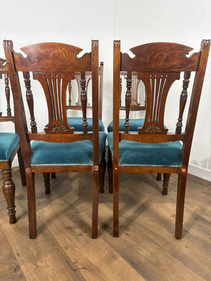 Set of Six Edwardian Carved Oak Dining Chairs –with Teal Upholstery