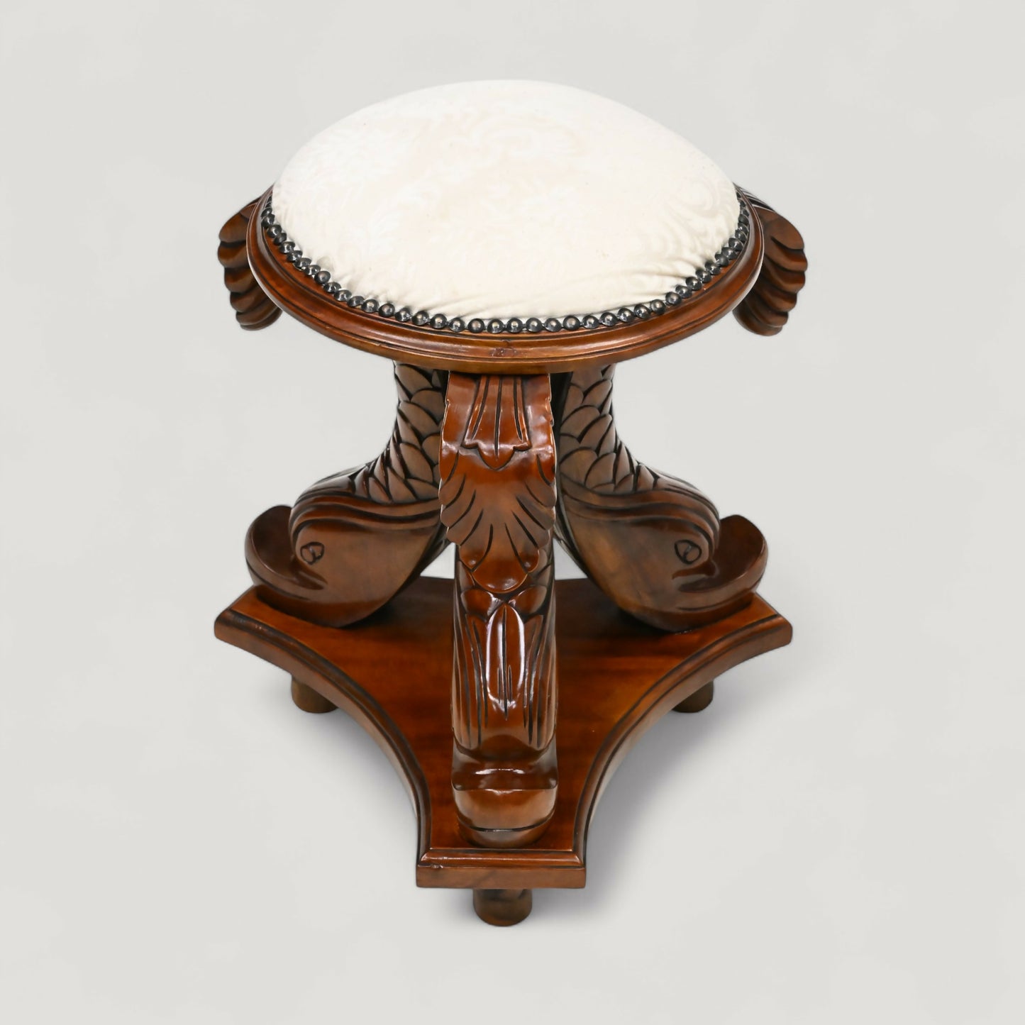 Chinese Dressing Stool Fish Carvings Studded Upholstered Seat FREE UK Delivery. SBR10753/2307E