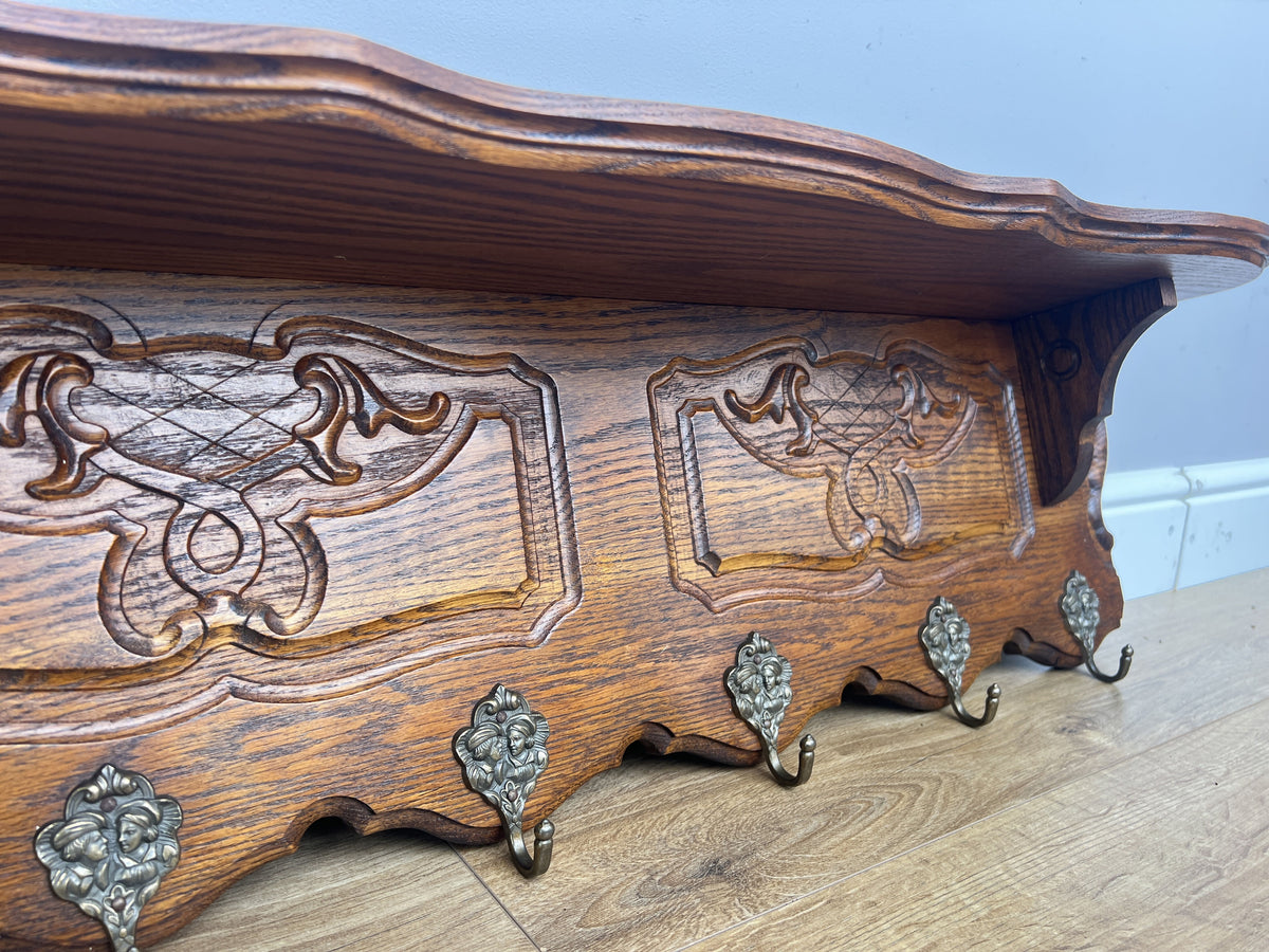 Coat Rack Vintage French Oak 6 Hooks Wall Shelf Carved Coat Hanger LOT 6550