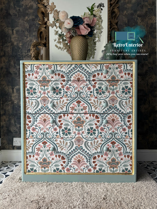 Hand Painted Folk Art Chest of Drawers – Sage Green Vintage Dresser with Floral Scandinavian Inspired Design | Boho Cottagecore Furniture