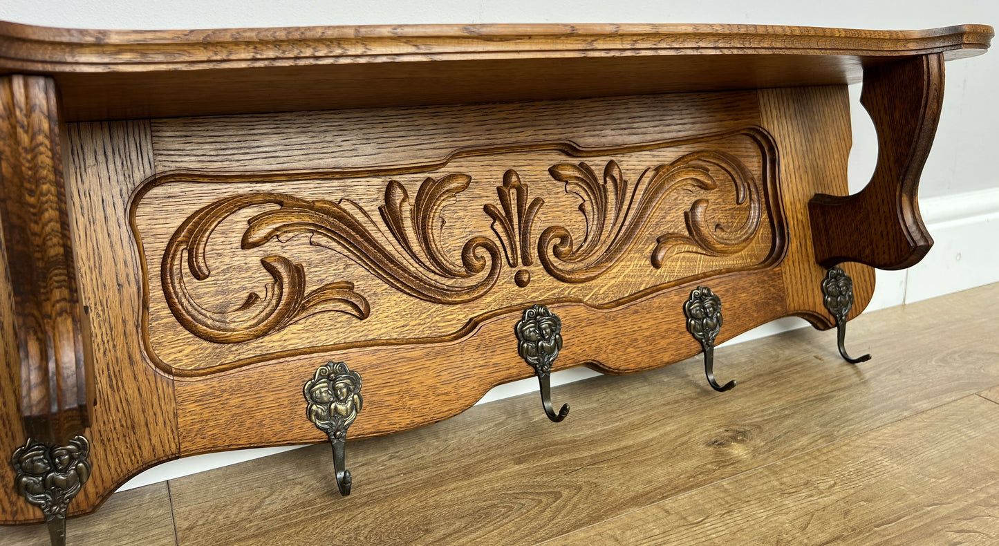 Coat Rack Vintage French Carved Oak Wall Mounted 5 Hooks Rack Hanger LOT 6367