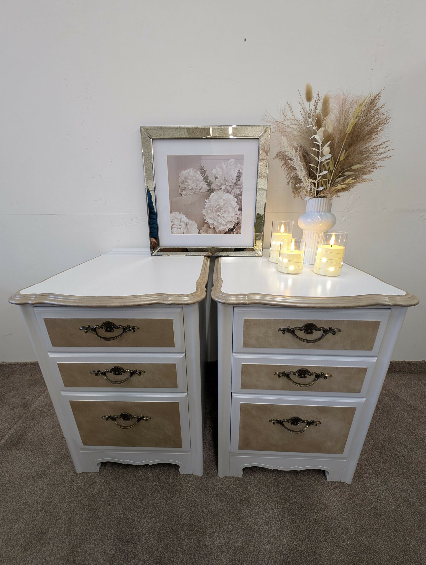Pair of Vintage Bedside Cabinets in White with Metallic Champagne Detailing