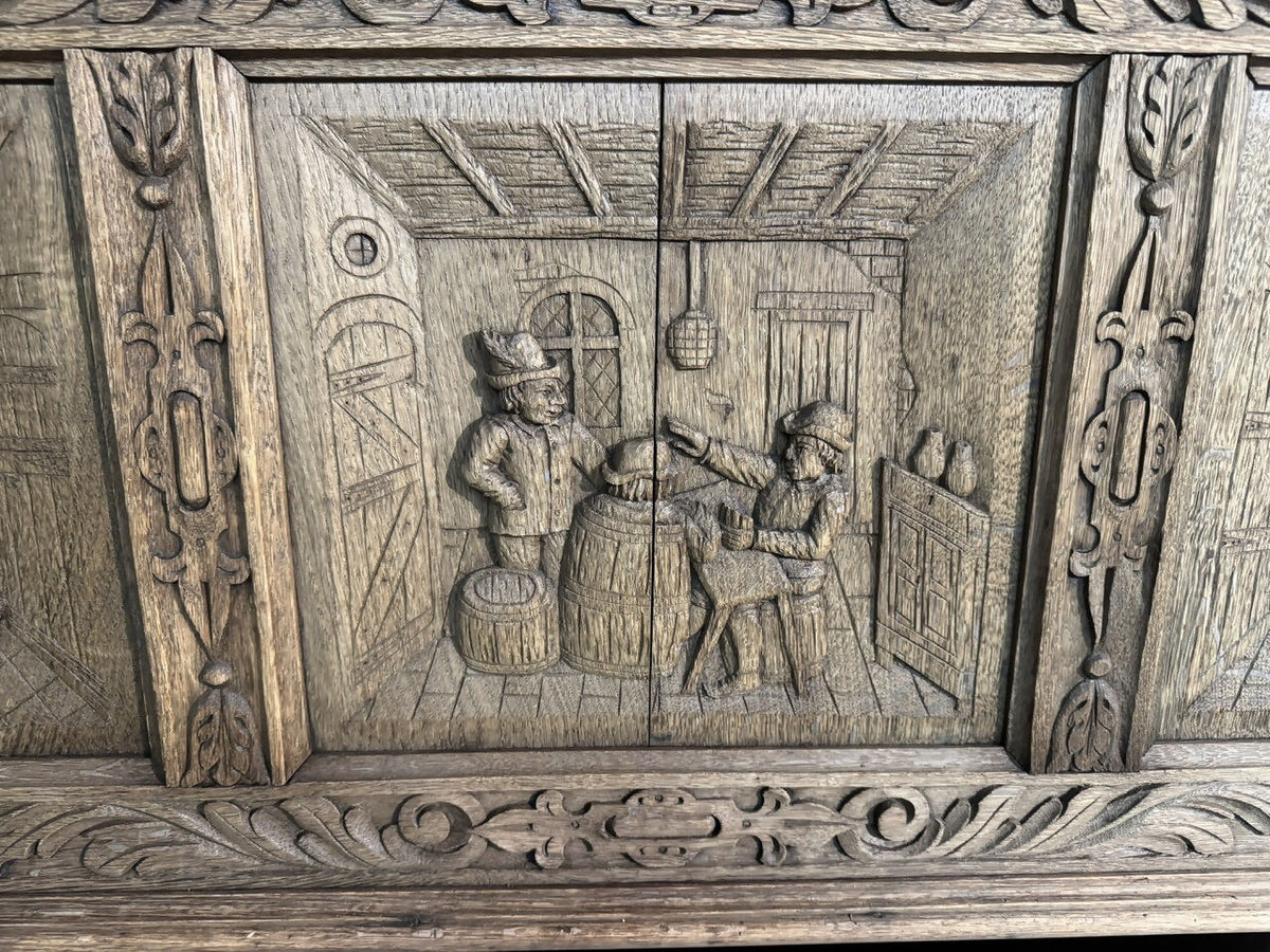 French Carved Oak Tavern Scene Bench