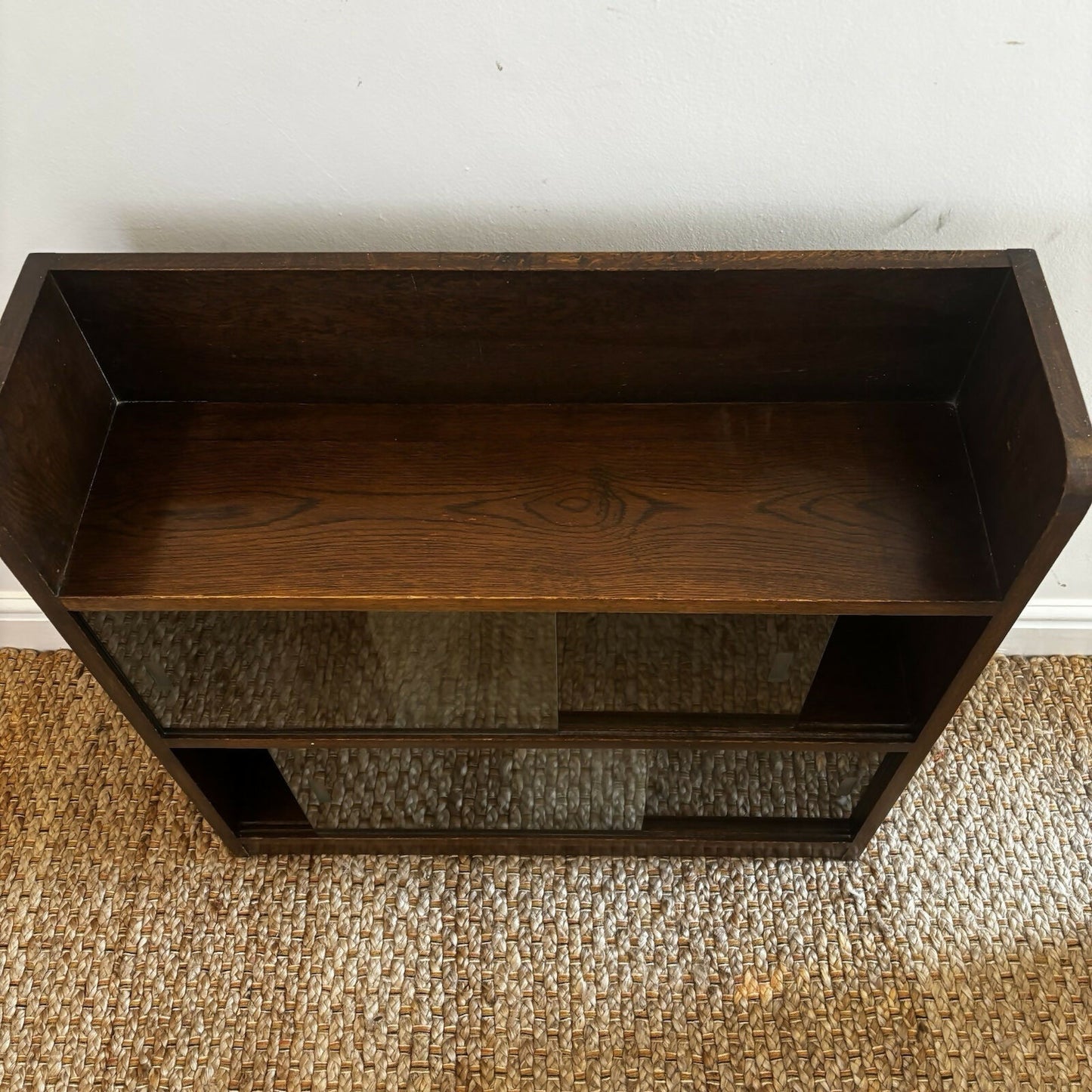 Vintage Mid Century Oak Glazed Bookcase Sliding Glass Doors Display Cabinet 60s