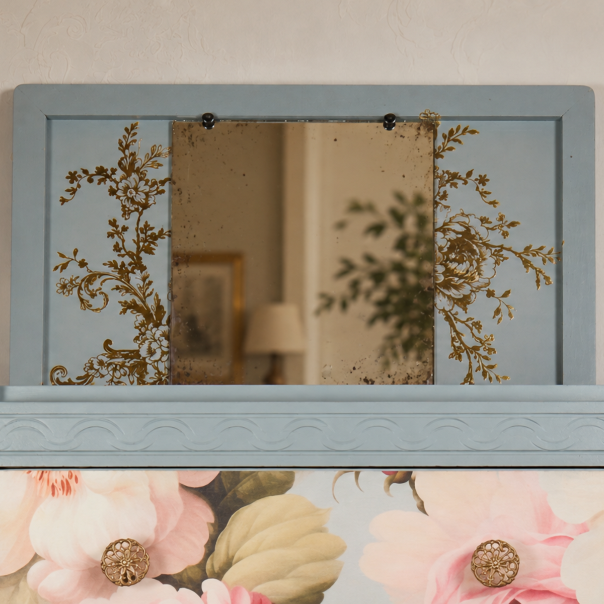 Vintage Lebus Dressing Chest, Chest of Drawers, Lift-Up Mirror, Floral Upcycled Furniture