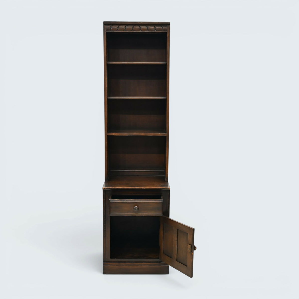Ercol Narrow Mural Bookcase 3 Shelves Cupboard & Drawer Dark FREE* UK Delivery