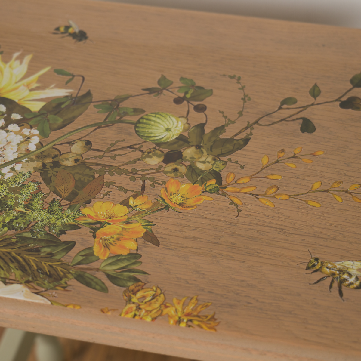 Vintage Oak Floral Nest of Three Tables | Hand Painted Upcycled Sage & Cream Nesting Tables