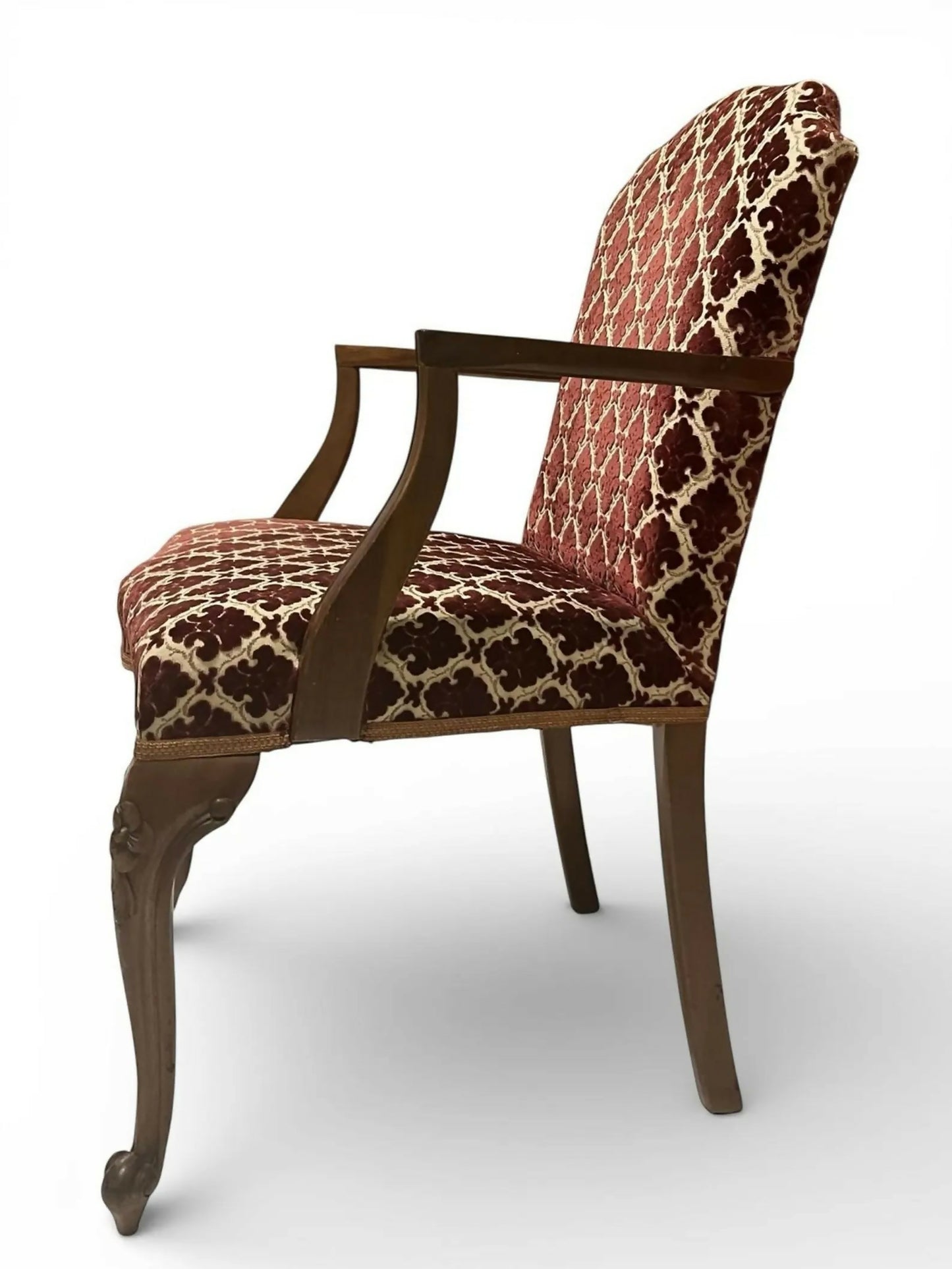 Antique Upholstered Armchair 93cm High 57cm Wide Red Pattern Fabric Wooden Frame