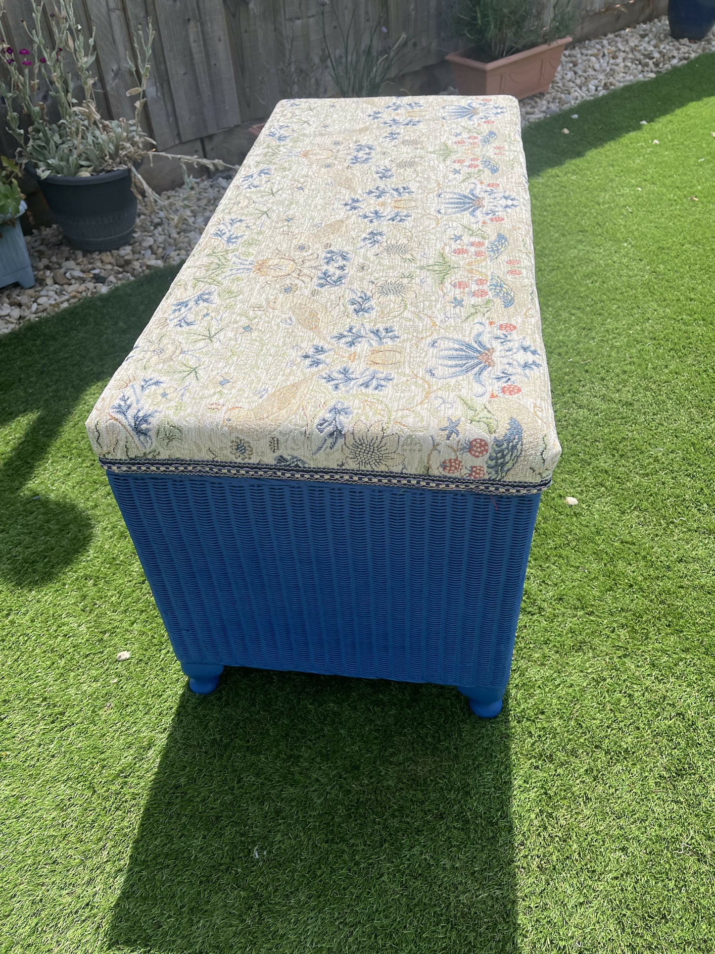 Lloyd loom 1950s storage box/ ottoman blue with William Morris style velvety feel too. Completely newly restored