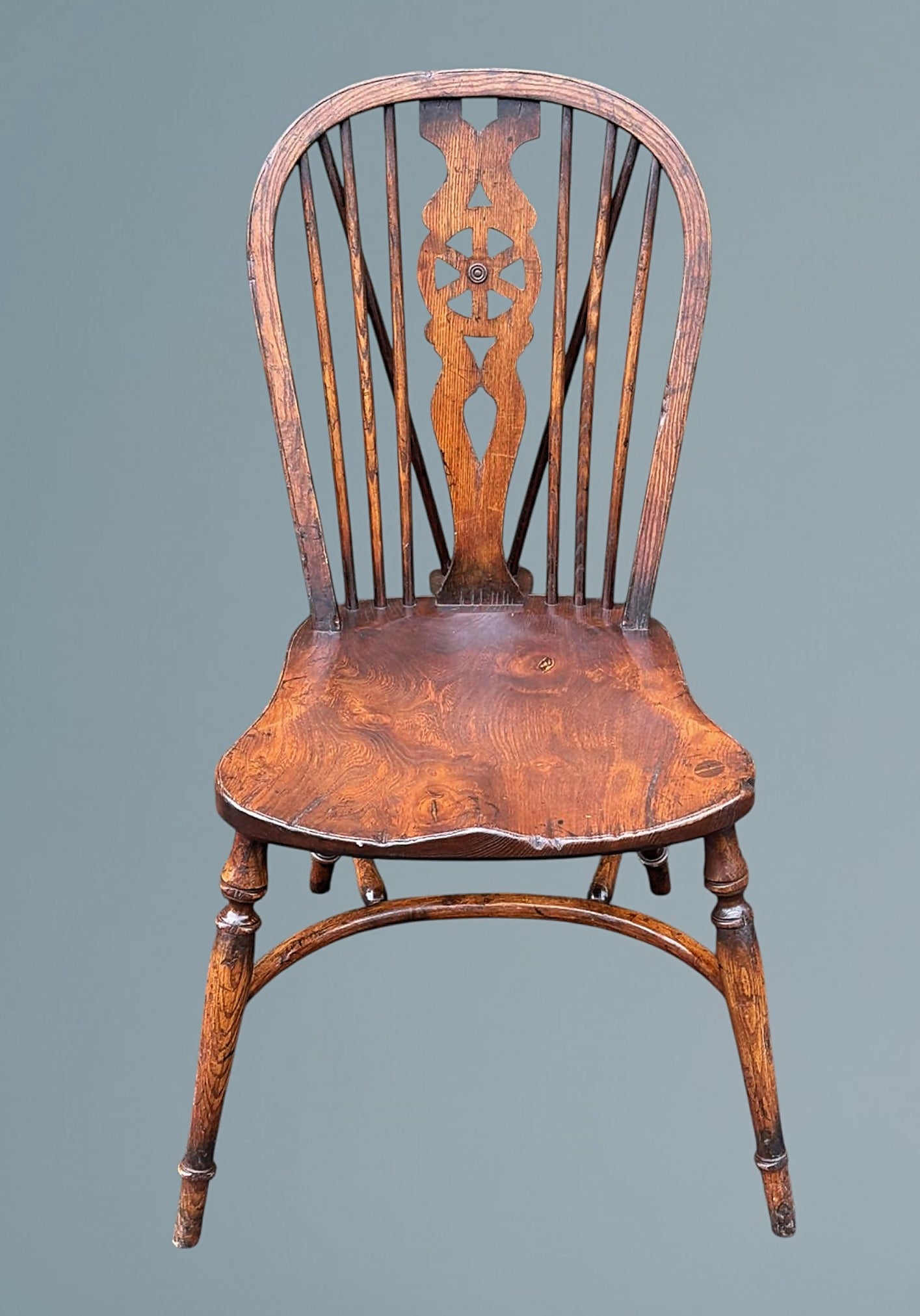 Set of Four Elm Windsor Wheel Back Chairs