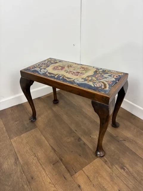 Vintage Oak Stool With Floral Tapestry Top